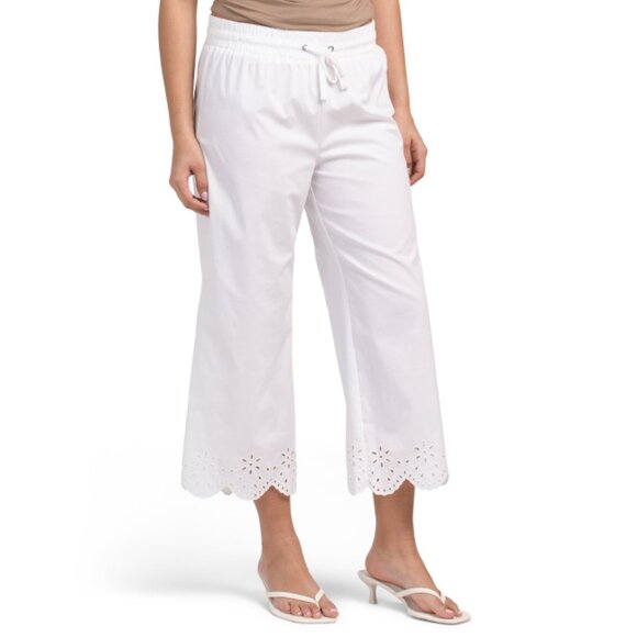 PALM RIO White Cropped Pants With Eyelet Embroidered Cuffs - Picture 1 of 2